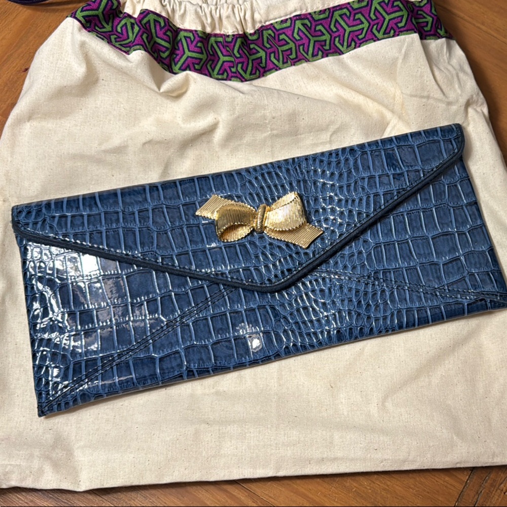 Lilly Pulitzer Blue Croc-Embossed Clutch with Gold Bow
